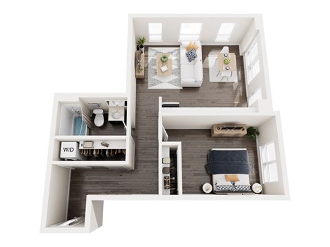 Floor plan for 1 bed, 1 bath, 729 sqft